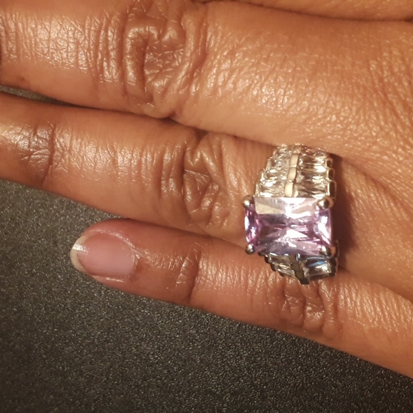Vintage Lavender Glass Stone & Clear Cubic Zirconia Stones Silver Tone Ring, 9 - Picture 3 of 10